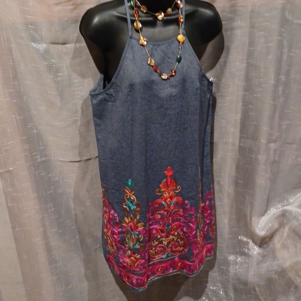 Entro, Colorful Embroidered Detail, Racerback Sleeveless Chambray Dress